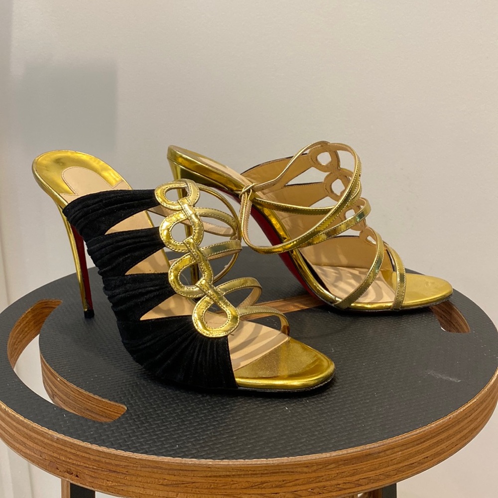 Christian Louboutin Black/Gold Suede & Leather Tina Cage Ankle-Strap Heels 39.5